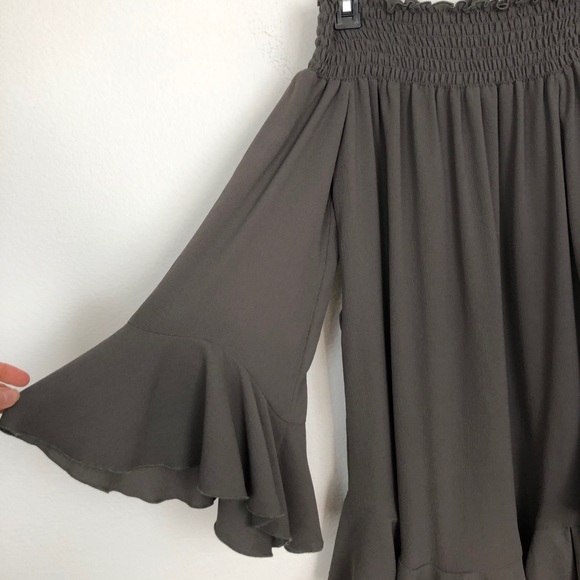 Nookie Mykonos Off the Shoulder Frill Mini Dress Khaki Olive Green Size XS - Picture 4 of 10